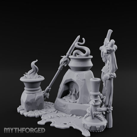 Snake-Stirred Idol-Framed Tribal Witch Cauldron Scene Miniature for Dungeons and Dragons, Pathfinder or other TTRPGs