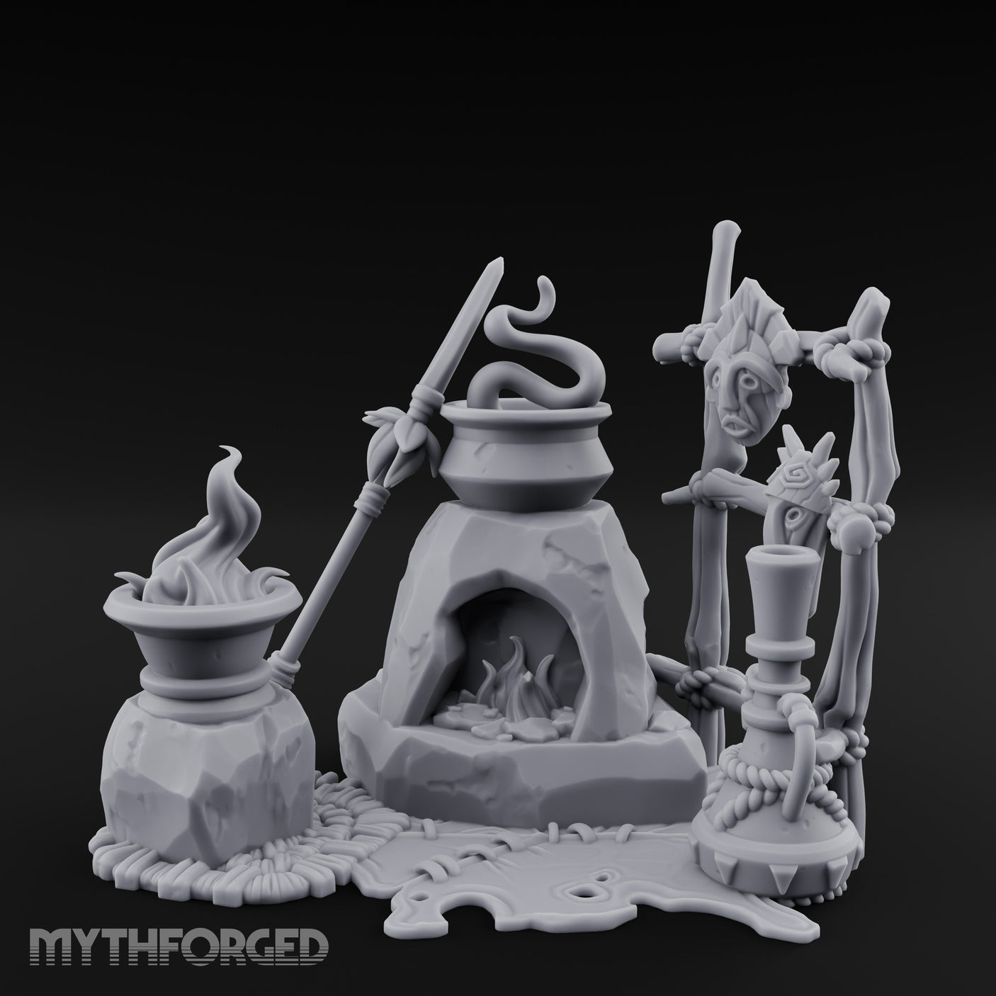 Snake-Stirred Idol-Framed Tribal Witch Cauldron Scene Miniature for Dungeons and Dragons, Pathfinder or other TTRPGs