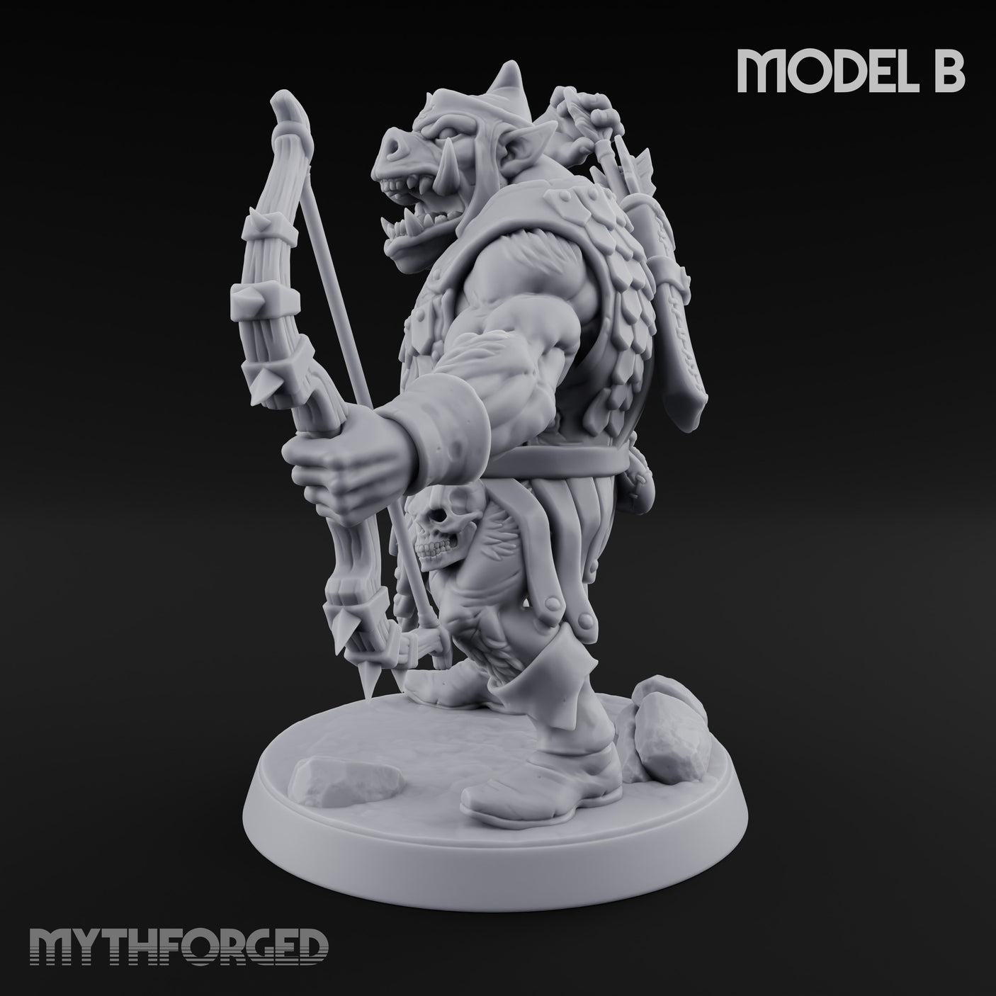 Snarling Bow Drawing Pig Orc Archer B Miniature for Dungeons and Dragons, Pathfinder or other TTRPGs