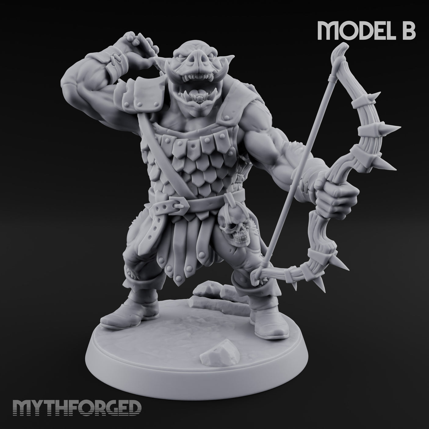 Snarling Bow Drawing Pig Orc Archer B Miniature for Dungeons and Dragons, Pathfinder or other TTRPGs
