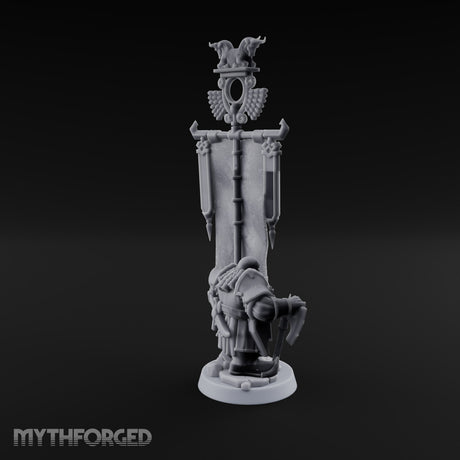 Holding the Standard Dwarf Standard Bearer Miniature for Dungeons and Dragons, Pathfinder or other TTRPGs
