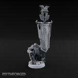 Holding the Standard Dwarf Standard Bearer Miniature for Dungeons and Dragons, Pathfinder or other TTRPGs