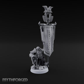 Holding the Standard Dwarf Standard Bearer Miniature for Dungeons and Dragons, Pathfinder or other TTRPGs