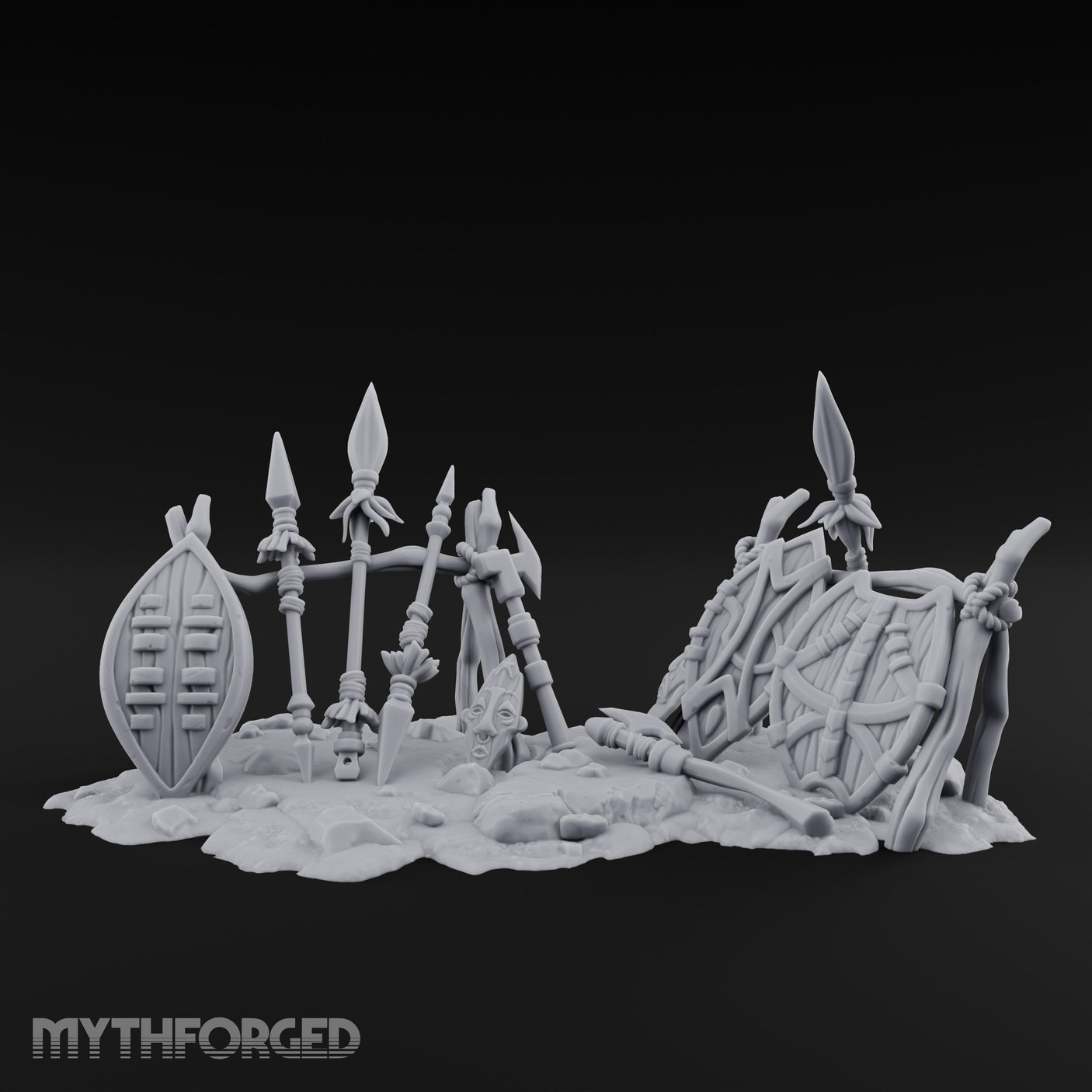 Spear-Crossed Shield-Grounded Tribal Warrior Arms Scene Miniature for Dungeons and Dragons, Pathfinder or other TTRPGs