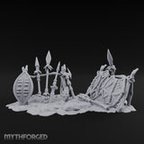 Spear-Crossed Shield-Grounded Tribal Warrior Arms Scene Miniature for Dungeons and Dragons, Pathfinder or other TTRPGs