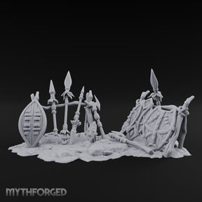 Spear-Crossed Shield-Grounded Tribal Warrior Arms Scene Miniature for Dungeons and Dragons, Pathfinder or other TTRPGs