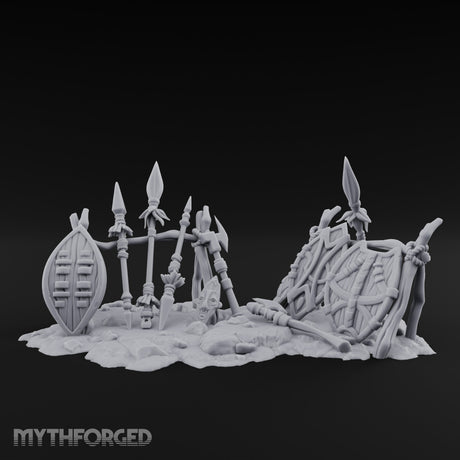 Spear-Crossed Shield-Grounded Tribal Warrior Arms Scene Miniature for Dungeons and Dragons, Pathfinder or other TTRPGs