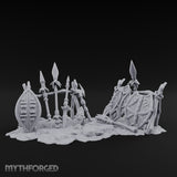 Spear-Crossed Shield-Grounded Tribal Warrior Arms Scene Miniature for Dungeons and Dragons, Pathfinder or other TTRPGs