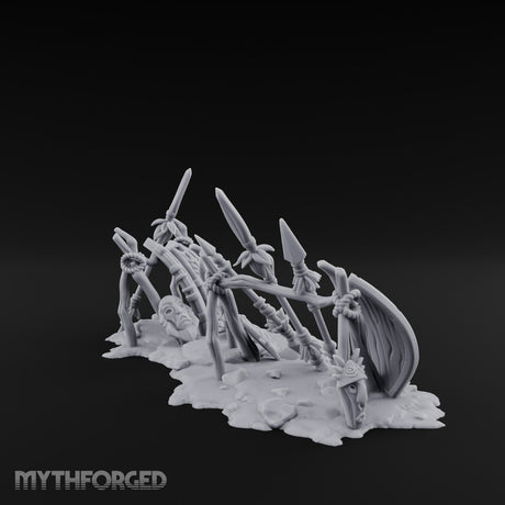 Spear-Crossed Shield-Grounded Tribal Warrior Arms Scene Miniature for Dungeons and Dragons, Pathfinder or other TTRPGs