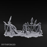 Spear-Crossed Shield-Grounded Tribal Warrior Arms Scene Miniature for Dungeons and Dragons, Pathfinder or other TTRPGs