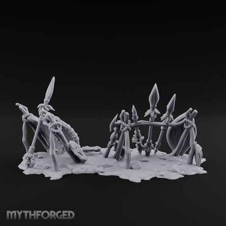 Spear-Crossed Shield-Grounded Tribal Warrior Arms Scene Miniature for Dungeons and Dragons, Pathfinder or other TTRPGs