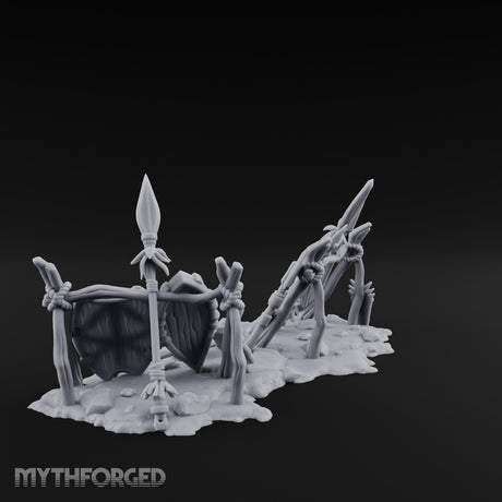 Spear-Crossed Shield-Grounded Tribal Warrior Arms Scene Miniature for Dungeons and Dragons, Pathfinder or other TTRPGs