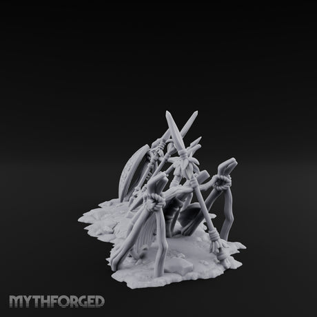 Spear-Crossed Shield-Grounded Tribal Warrior Arms Scene Miniature for Dungeons and Dragons, Pathfinder or other TTRPGs