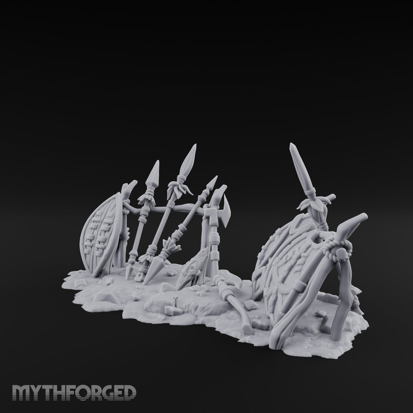 Spear-Crossed Shield-Grounded Tribal Warrior Arms Scene Miniature for Dungeons and Dragons, Pathfinder or other TTRPGs