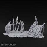 Spear-Crossed Shield-Grounded Tribal Warrior Arms Scene Miniature for Dungeons and Dragons, Pathfinder or other TTRPGs