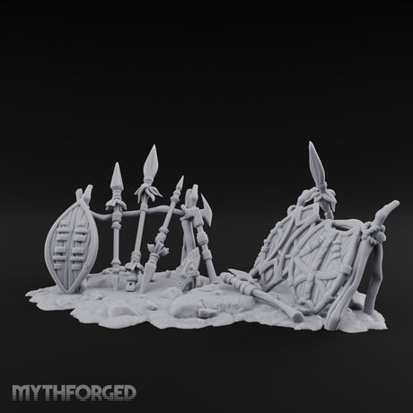 Spear-Crossed Shield-Grounded Tribal Warrior Arms Scene Miniature for Dungeons and Dragons, Pathfinder or other TTRPGs