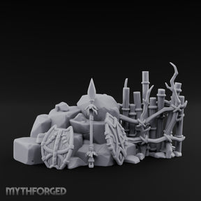 Spear-Leaned Shield-Propped Tribal Rock Barricade Scene Miniature for Dungeons and Dragons, Pathfinder or other TTRPGs