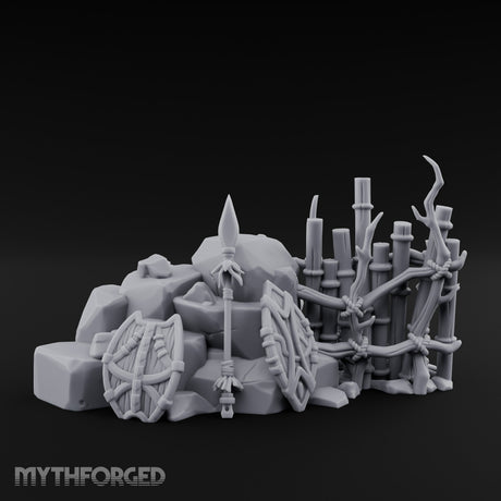 Spear-Leaned Shield-Propped Tribal Rock Barricade Scene Miniature for Dungeons and Dragons, Pathfinder or other TTRPGs