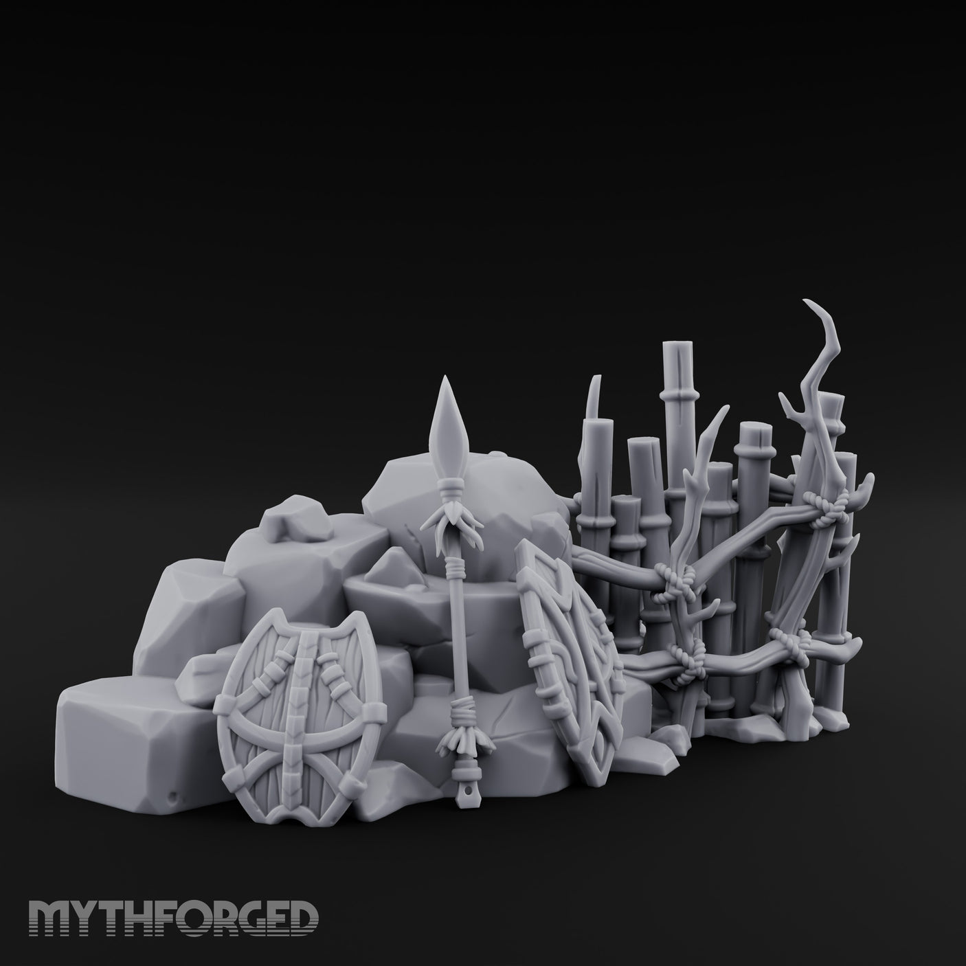 Spear-Leaned Shield-Propped Tribal Rock Barricade Scene Miniature for Dungeons and Dragons, Pathfinder or other TTRPGs