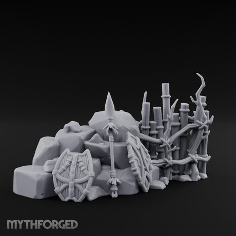 Spear-Leaned Shield-Propped Tribal Rock Barricade Scene Miniature for Dungeons and Dragons, Pathfinder or other TTRPGs