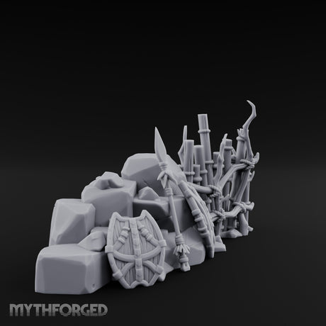 Spear-Leaned Shield-Propped Tribal Rock Barricade Scene Miniature for Dungeons and Dragons, Pathfinder or other TTRPGs
