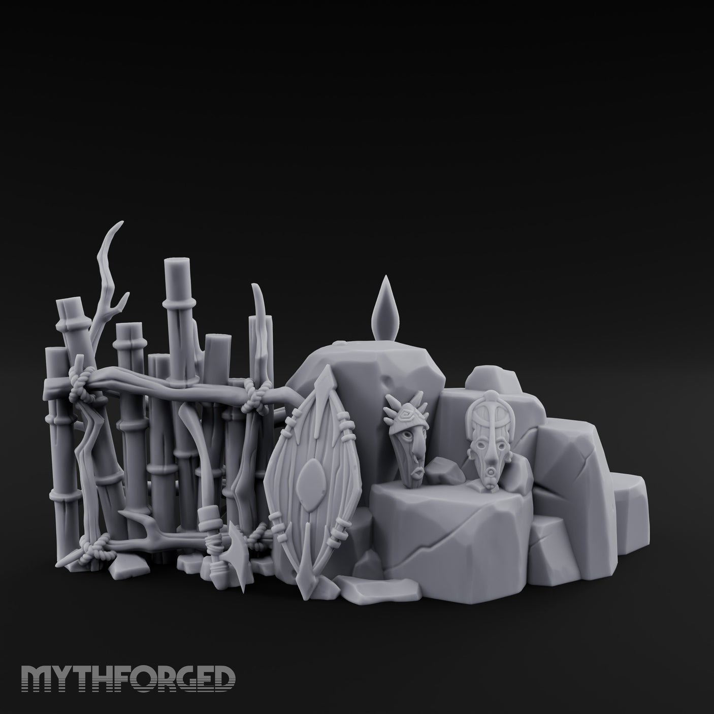 Spear-Leaned Shield-Propped Tribal Rock Barricade Scene Miniature for Dungeons and Dragons, Pathfinder or other TTRPGs