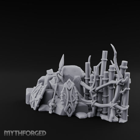 Spear-Leaned Shield-Propped Tribal Rock Barricade Scene Miniature for Dungeons and Dragons, Pathfinder or other TTRPGs