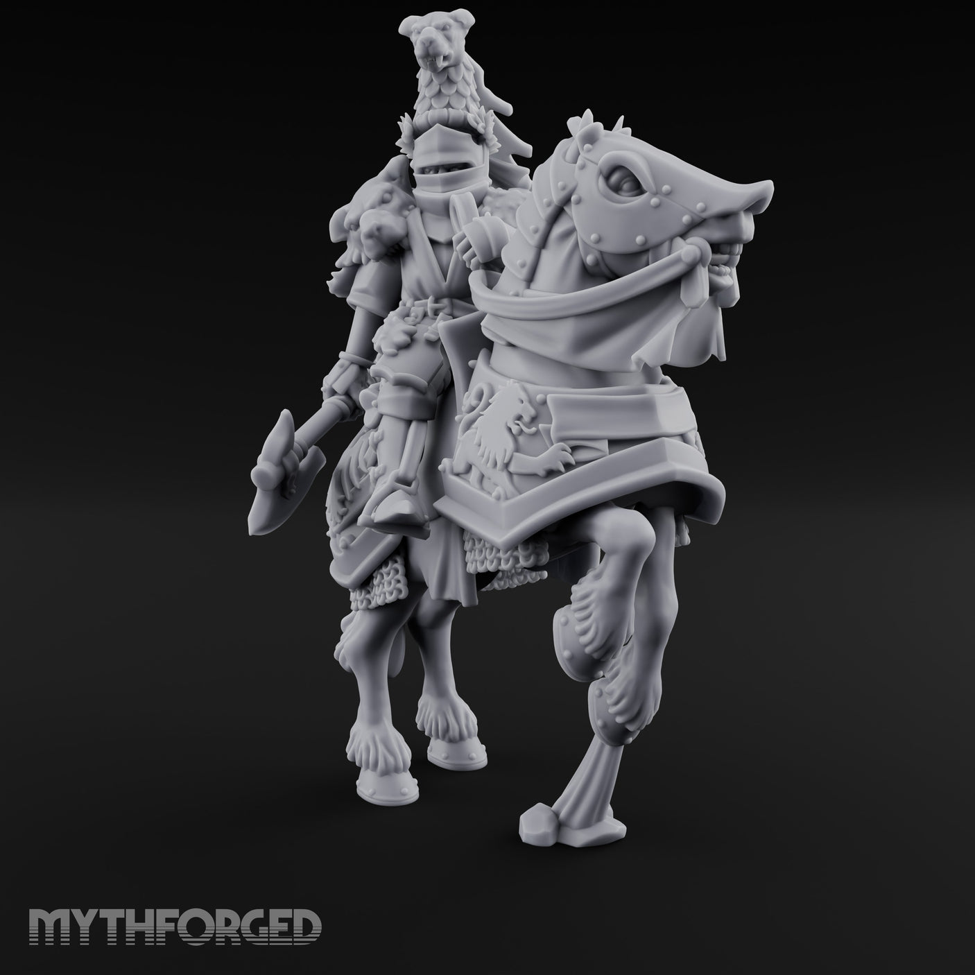 Spear Lowered Bear Helmed Human Knight on Horseback Miniature for Dungeons and Dragons, Pathfinder or other TTRPGs