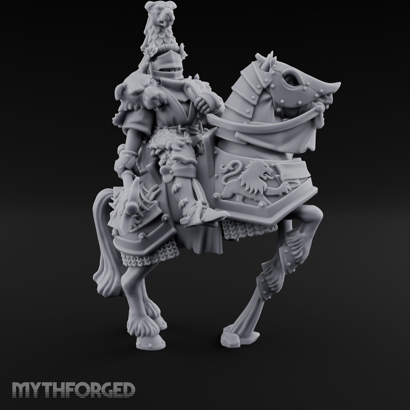 Spear Lowered Bear Helmed Human Knight on Horseback Miniature for Dungeons and Dragons, Pathfinder or other TTRPGs