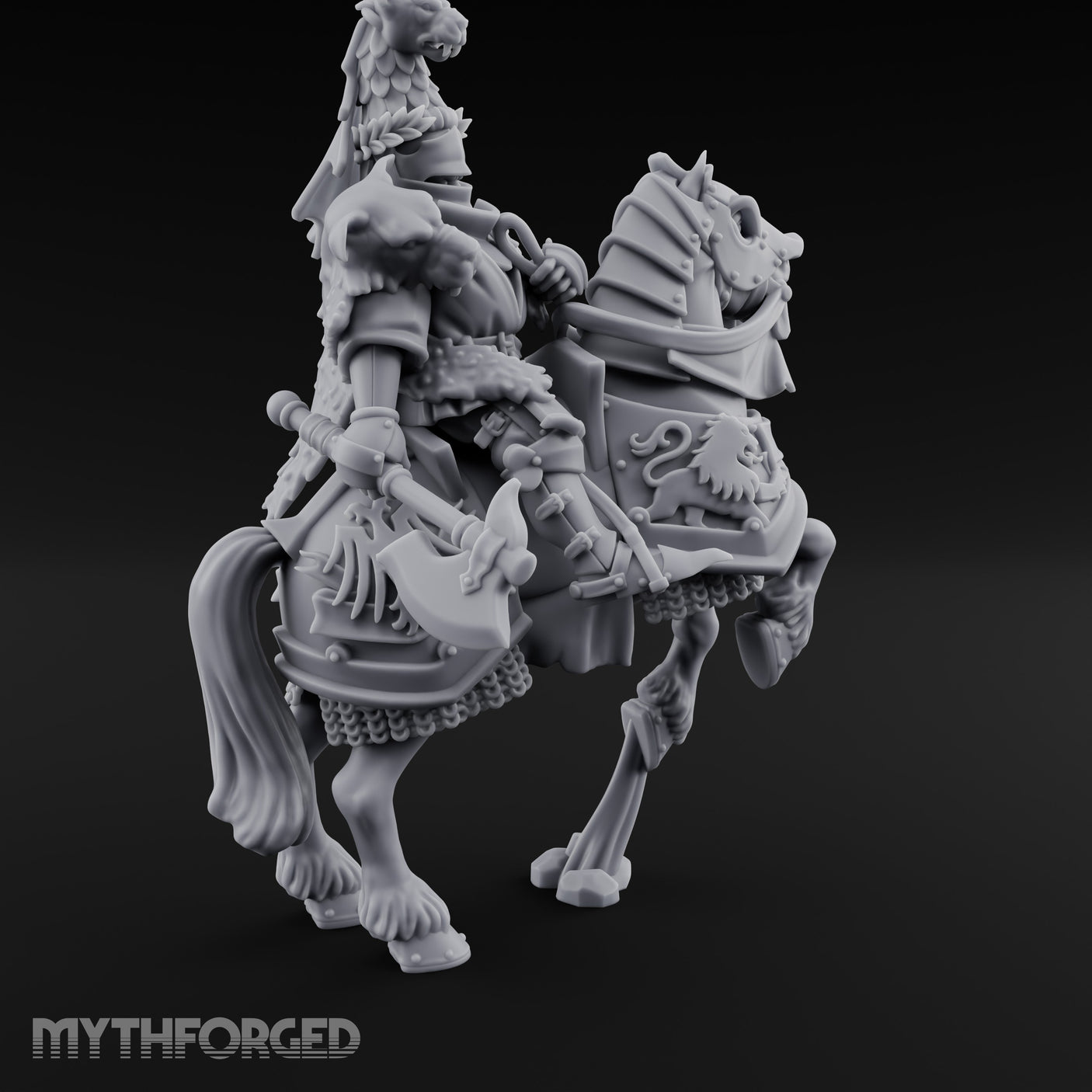 Spear Lowered Bear Helmed Human Knight on Horseback Miniature for Dungeons and Dragons, Pathfinder or other TTRPGs