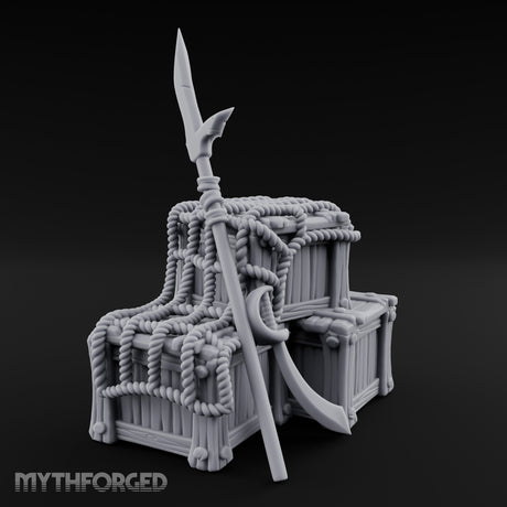 Spear-Propped Rope-Lashed Tribal Storage Crate Scene Miniature for Dungeons and Dragons, Pathfinder or other TTRPGs