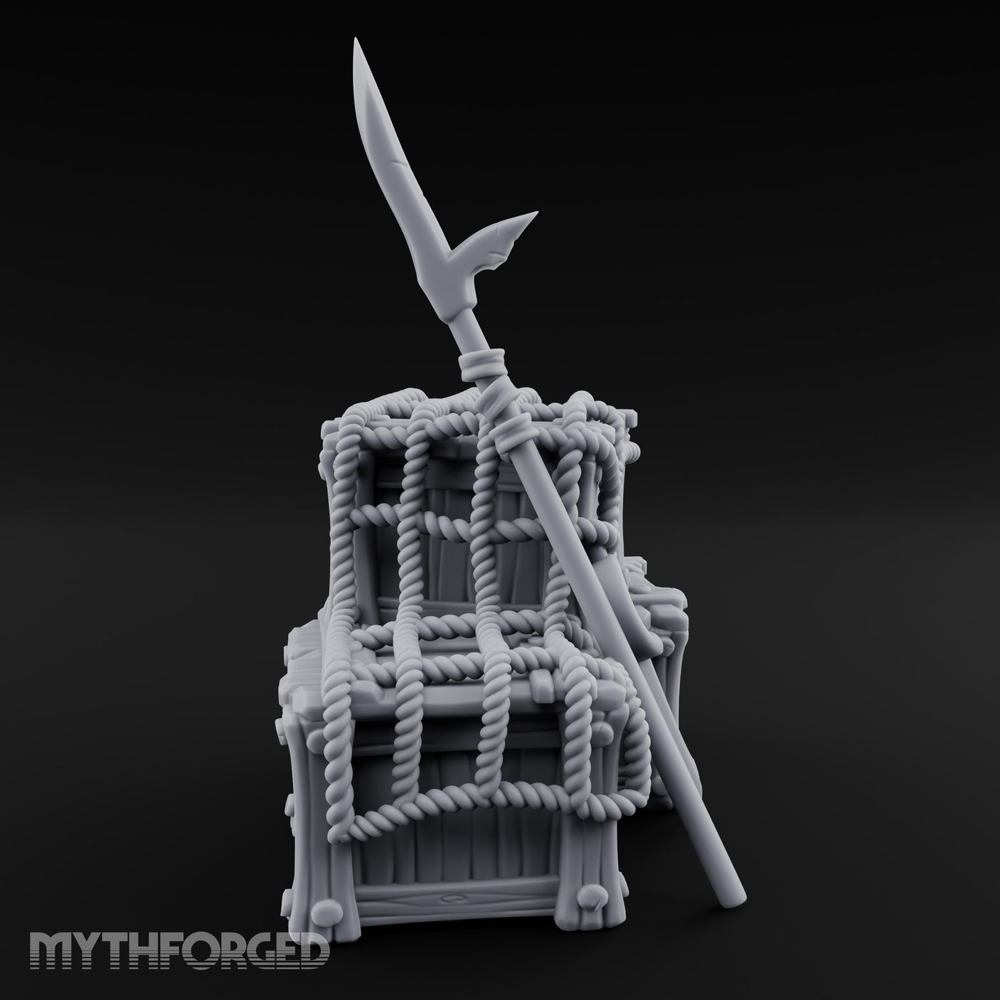 Spear-Propped Rope-Lashed Tribal Storage Crate Scene Miniature for Dungeons and Dragons, Pathfinder or other TTRPGs