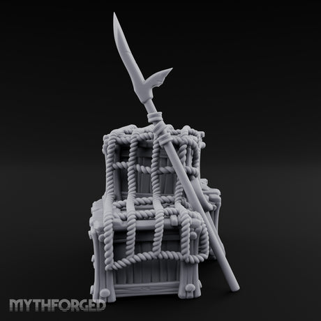 Spear-Propped Rope-Lashed Tribal Storage Crate Scene Miniature for Dungeons and Dragons, Pathfinder or other TTRPGs