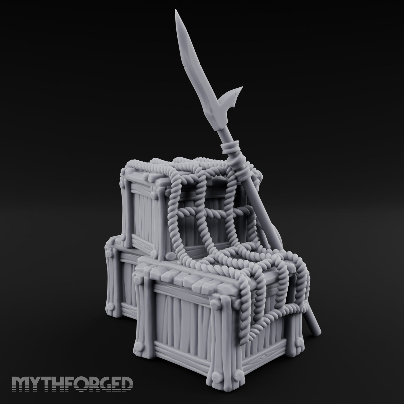 Spear-Propped Rope-Lashed Tribal Storage Crate Scene Miniature for Dungeons and Dragons, Pathfinder or other TTRPGs