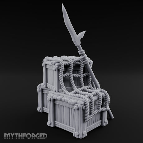 Spear-Propped Rope-Lashed Tribal Storage Crate Scene Miniature for Dungeons and Dragons, Pathfinder or other TTRPGs