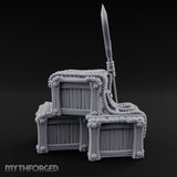 Spear-Propped Rope-Lashed Tribal Storage Crate Scene Miniature for Dungeons and Dragons, Pathfinder or other TTRPGs