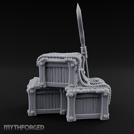 Spear-Propped Rope-Lashed Tribal Storage Crate Scene Miniature for Dungeons and Dragons, Pathfinder or other TTRPGs