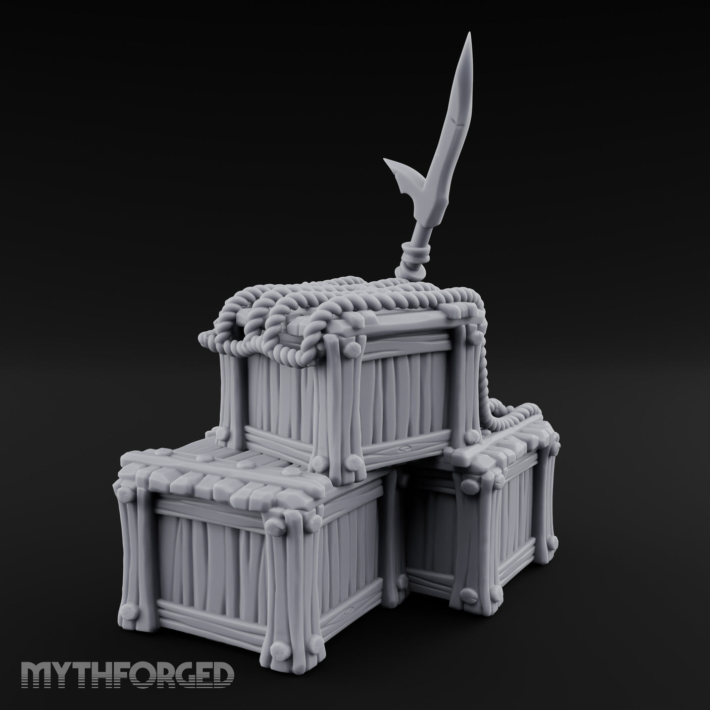Spear-Propped Rope-Lashed Tribal Storage Crate Scene Miniature for Dungeons and Dragons, Pathfinder or other TTRPGs