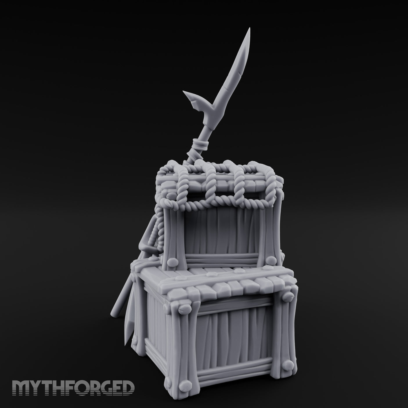 Spear-Propped Rope-Lashed Tribal Storage Crate Scene Miniature for Dungeons and Dragons, Pathfinder or other TTRPGs