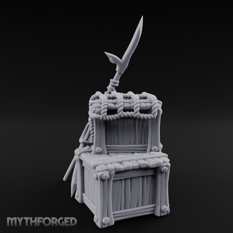 Spear-Propped Rope-Lashed Tribal Storage Crate Scene Miniature for Dungeons and Dragons, Pathfinder or other TTRPGs