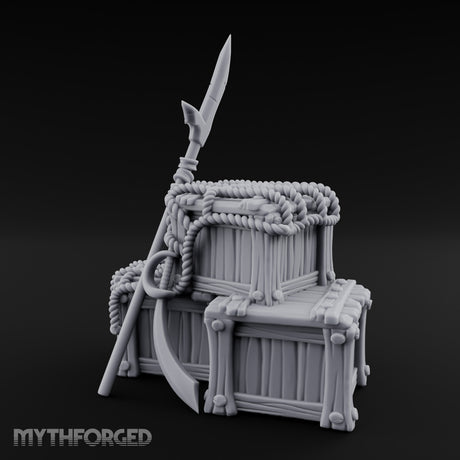 Spear-Propped Rope-Lashed Tribal Storage Crate Scene Miniature for Dungeons and Dragons, Pathfinder or other TTRPGs