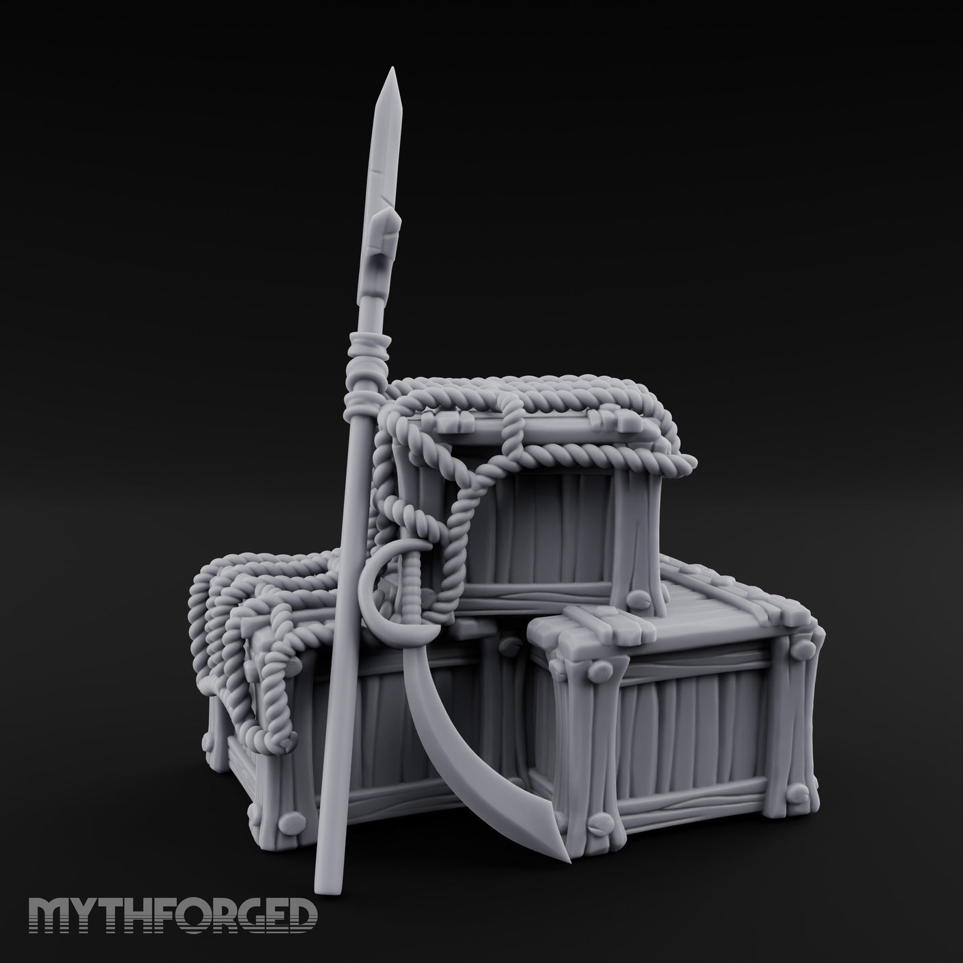 Spear-Propped Rope-Lashed Tribal Storage Crate Scene Miniature for Dungeons and Dragons, Pathfinder or other TTRPGs