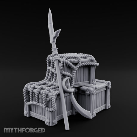 Spear-Propped Rope-Lashed Tribal Storage Crate Scene Miniature for Dungeons and Dragons, Pathfinder or other TTRPGs