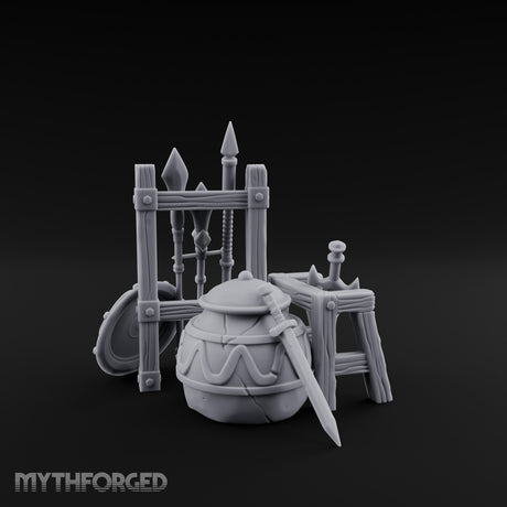 Spear-Racked Helm-Propped Armory Weapon Stand Set Miniature for Dungeons and Dragons, Pathfinder or other TTRPGs