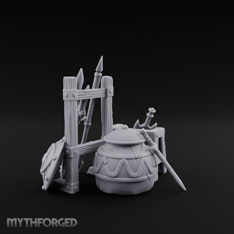 Spear-Racked Helm-Propped Armory Weapon Stand Set Miniature for Dungeons and Dragons, Pathfinder or other TTRPGs