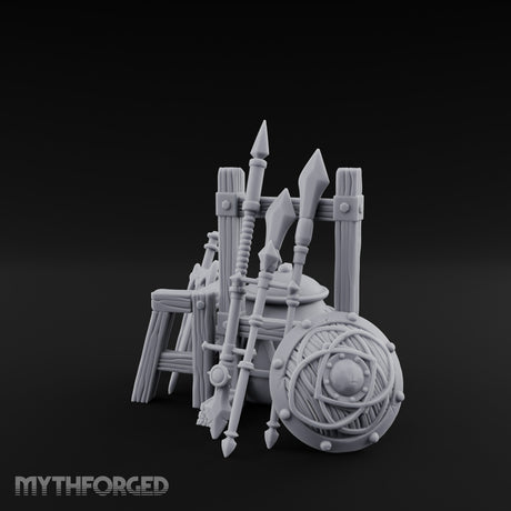 Spear-Racked Helm-Propped Armory Weapon Stand Set Miniature for Dungeons and Dragons, Pathfinder or other TTRPGs