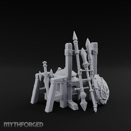 Spear-Racked Helm-Propped Armory Weapon Stand Set Miniature for Dungeons and Dragons, Pathfinder or other TTRPGs
