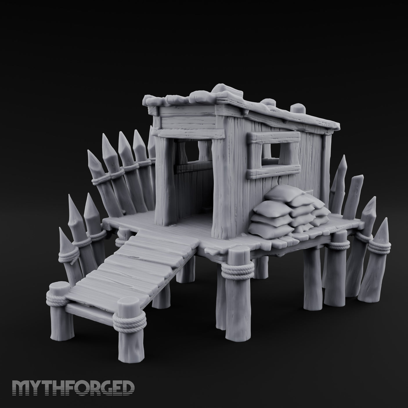 Spike-Palisaded Sandbag-Flanked Dockside Guard Post Miniature for Dungeons and Dragons, Pathfinder or other TTRPGs