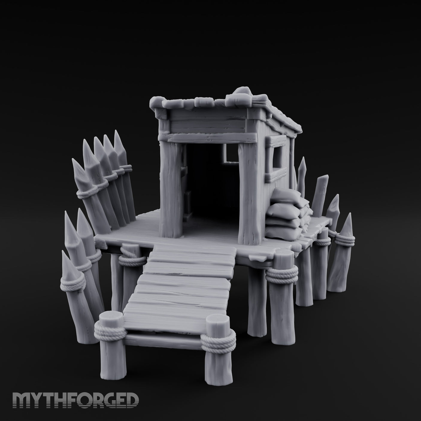 Spike-Palisaded Sandbag-Flanked Dockside Guard Post Miniature for Dungeons and Dragons, Pathfinder or other TTRPGs