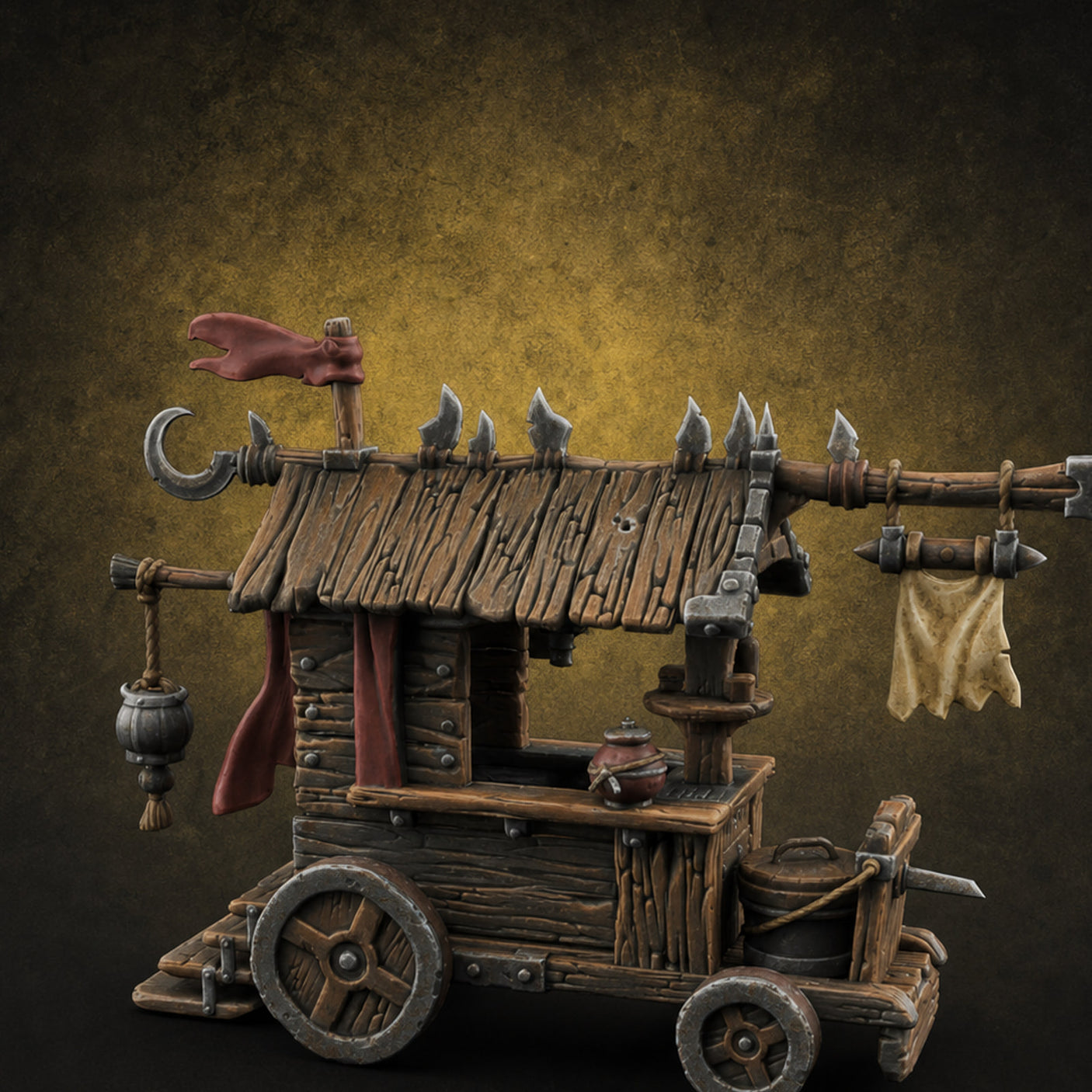 Spike-Rimmed Trinket-Hung Goblin Market Cart — painted concept preview (miniature supplied unpainted)